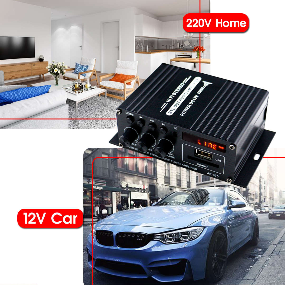 AK370 400W DC 12V / AC 220V Remote Control bluetooth HiFi Home car Stereo Amplifier Music Receiver F