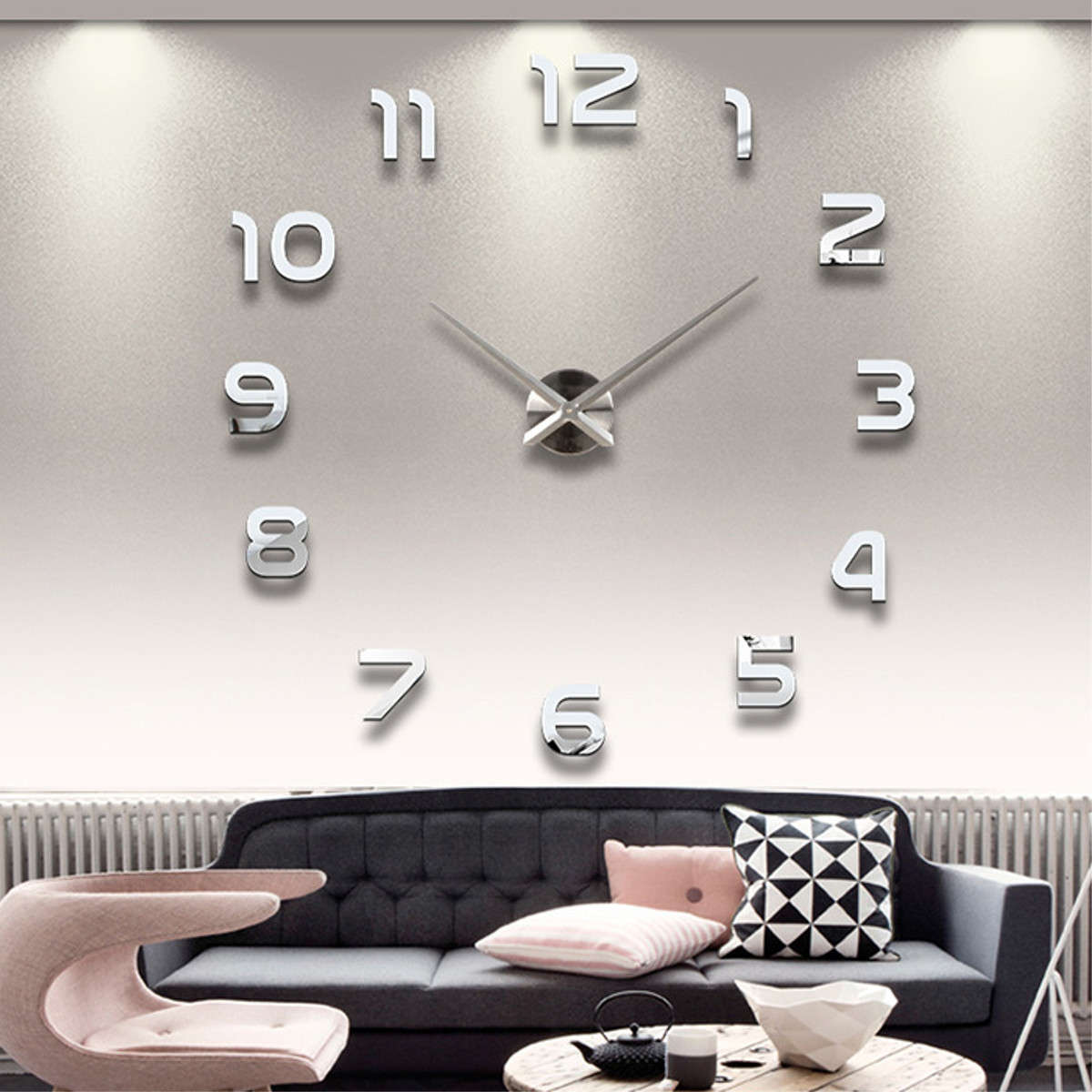 K Govender - Large 3D Number Mirror Wall Sticker Wall Clock - Silver