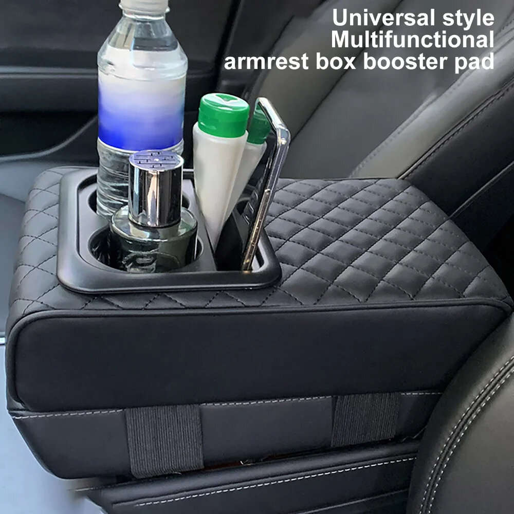 Black - Car Center Console Armrest Cushion with 2 Cup Holders PU Leather Portable Car Armrest Pillow