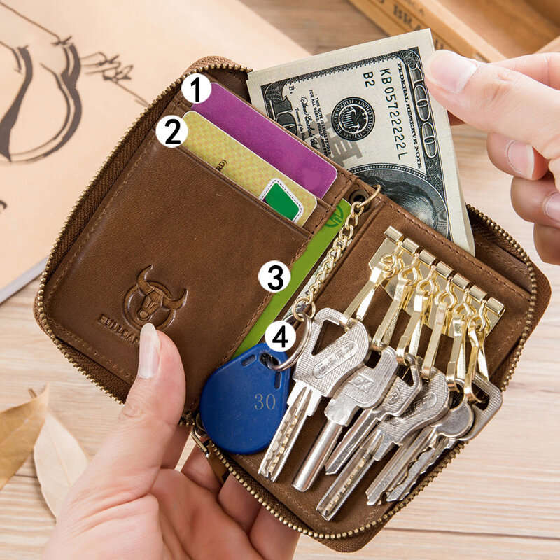 Brown - BULLCAPTAIN Genuine Leather Mens Waist-Mounted Wallet Card & Id Holders Multi-function Key C