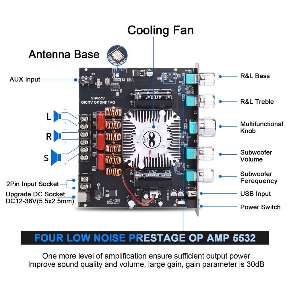 Black - S220HS bluetooth Power Amplifier Board 2.1 Channel TDA7498E 160Wx2+220W 12V-38V Audio Power