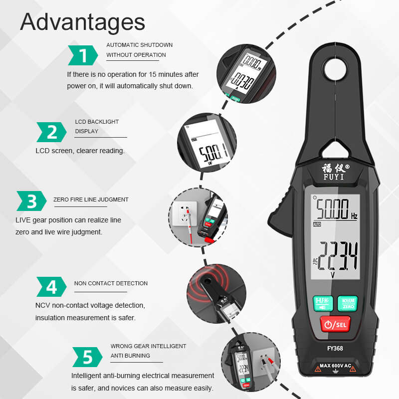 Black - FY368 Digital Clamp Multimeter AC DC Voltage Current Resistance Frequency Capacitance Temper
