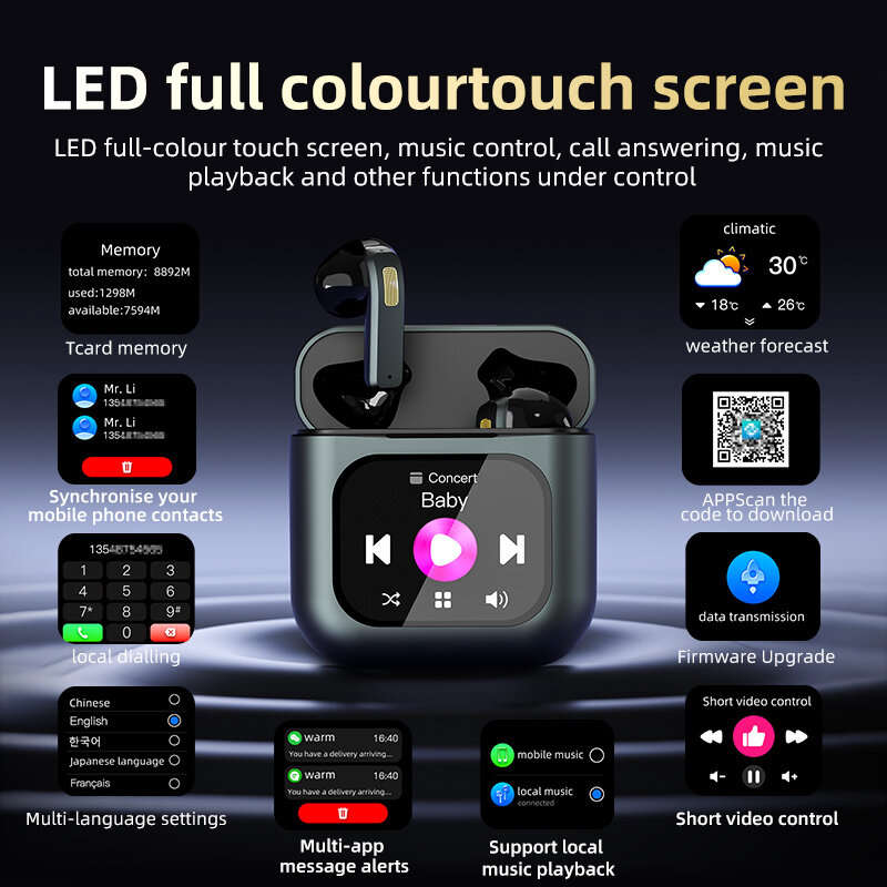 8GB RAM - K1 TWS bluetooth Earphone LCD Touch Screen Earbuds 8G Memory ENC HD Calls Low Latency Port