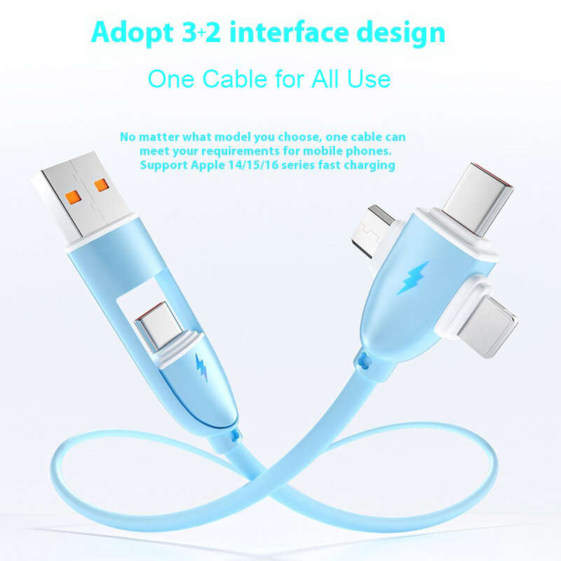 Blue - 60W 5-in-1 Cable USB-A/Type-C to iP/Micro/Type-C Cable Fast Charging Data Transmission Pure C