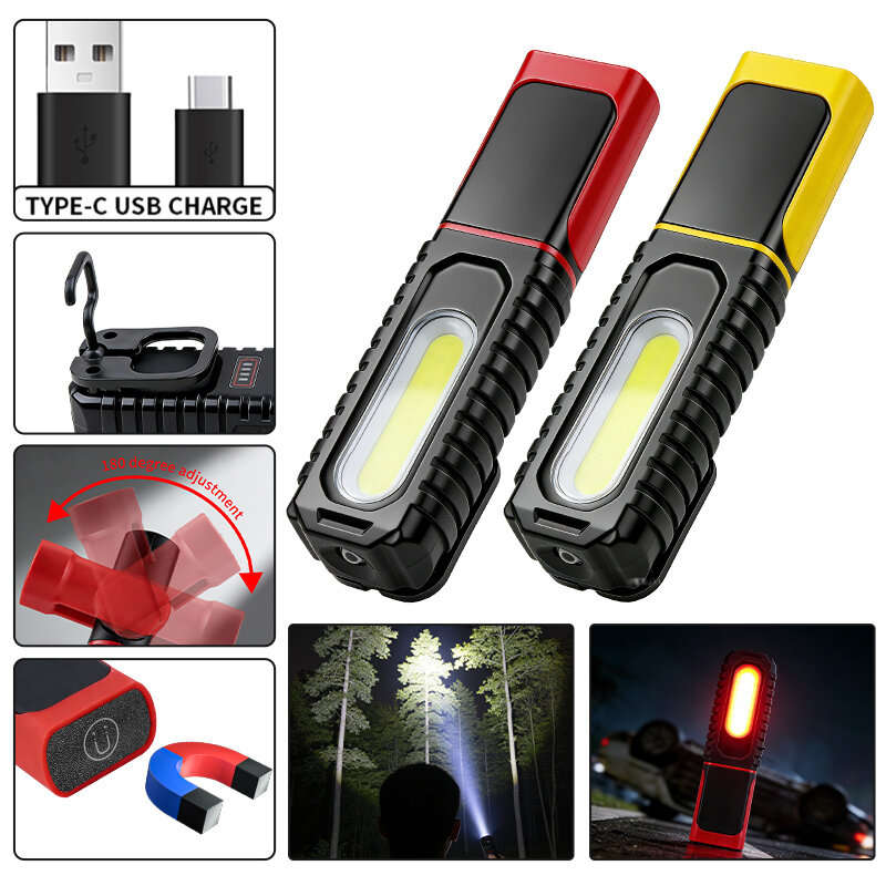 Yellow - Bikight D93 180 Rotating LED Work Light 1200mAH Type-C Rechargeable Magnetic Base Hook Clip