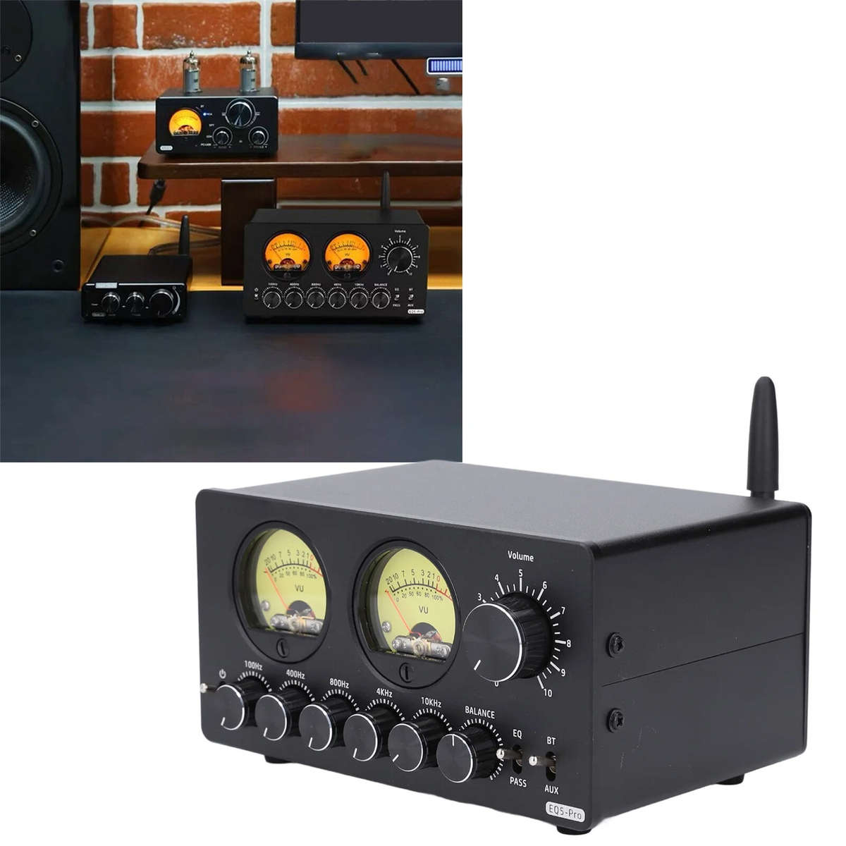 Black - 5 Band EQ Equalizer Pre-amplifier bluetooth 5.0 Vintage VU Meter Stereo RCA AUX 100Hz to 10K