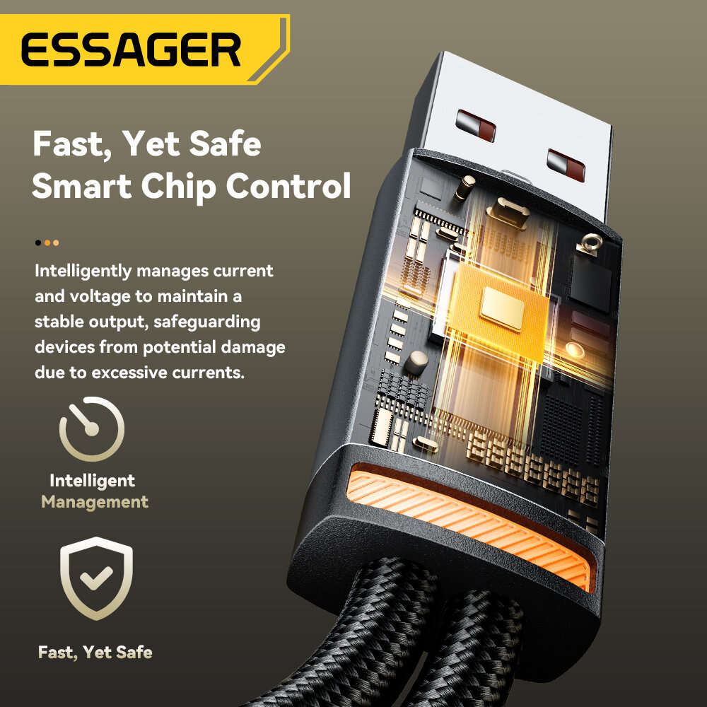 A-C+L[Black] - ESSAGER ES-X67 7A 100W USB-A to Type-C+Type-C Cable QC SCP FCP VOOC Fast Charging Dat