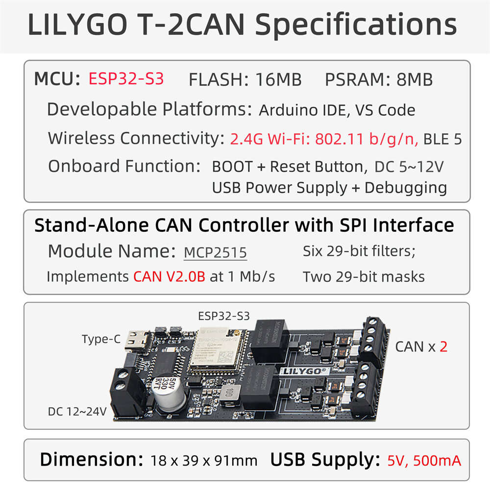 Black - LILYGO T-2CAN ESP32-S3 WiFi Bluetooth Development Board 16MB Flash 8MB PSRAM Stand-Alone CAN