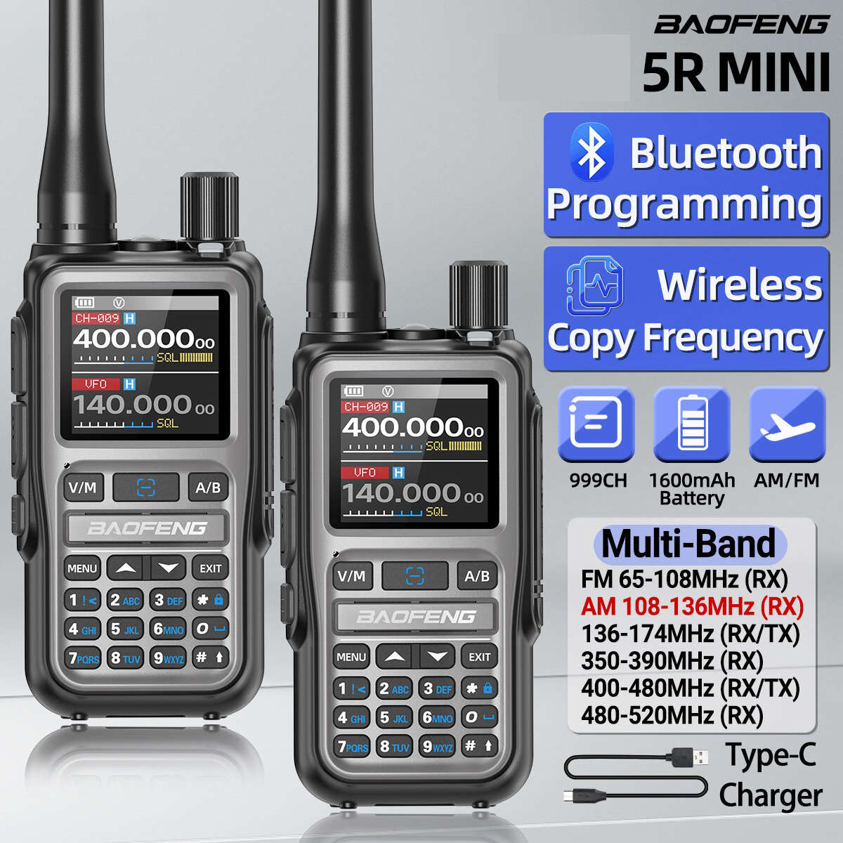 Grey - Baofeng UV-5R Mini 5W Power Multi-Band Walkie Talkie 999 Channels bluetooth Programmable