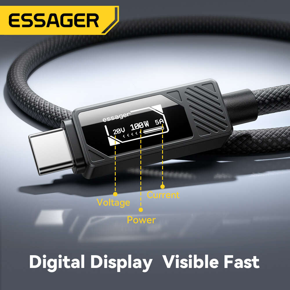 1M - ESSAGER ES-X74 5A 100W Type-C to Type-C Digital Display Cable QC4.0/3.0 PD3.0 FCP Fast Charging