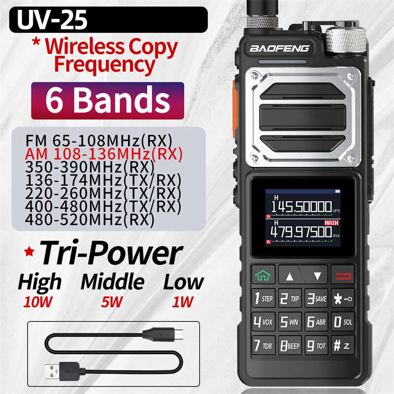 Baofeng UV-25 10W Walkie Talkie Six-Band Long Range Wireless Copy Frequency FM Radio Type-C Ham Two-