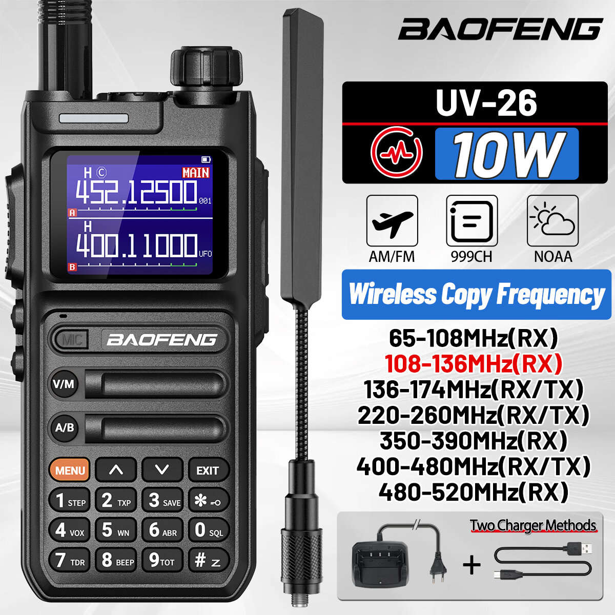 Black - Baofeng UV-26 10W High Power Walkie Talkie Handheld Two Way Radio Long Range Multi Band NOAA