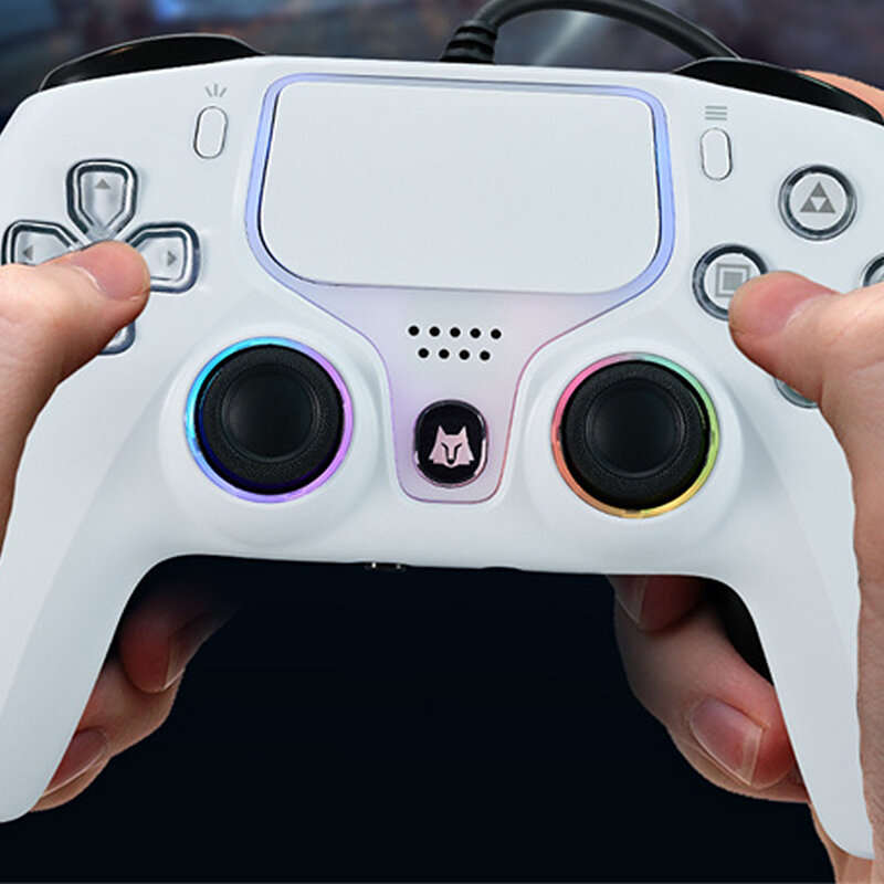 White - NBCP 736F for PS5 Controller Wired Gamepad with Hall Effect Triggers and RGB Joysticks Dual
