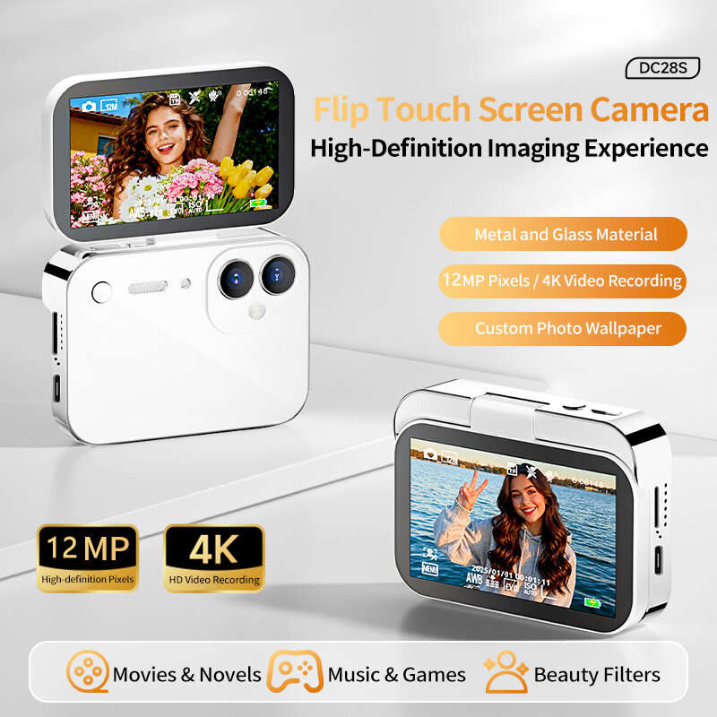 White+Lanyard - DC28S 12MP Flip Touch Screen Digital Camera 4K HD Video 180 Flip Selfie Screen 120 W