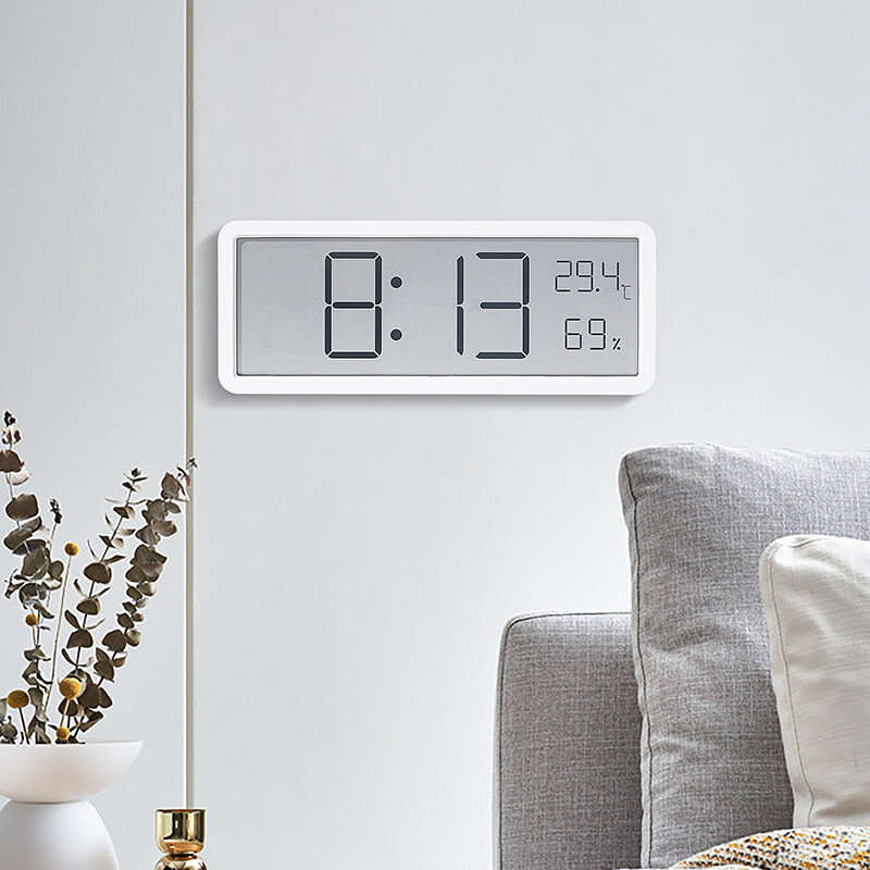 White - LCD Screen Digital Wall Clock Time Temperature Humidity Time Display Electronic Clock Deskto