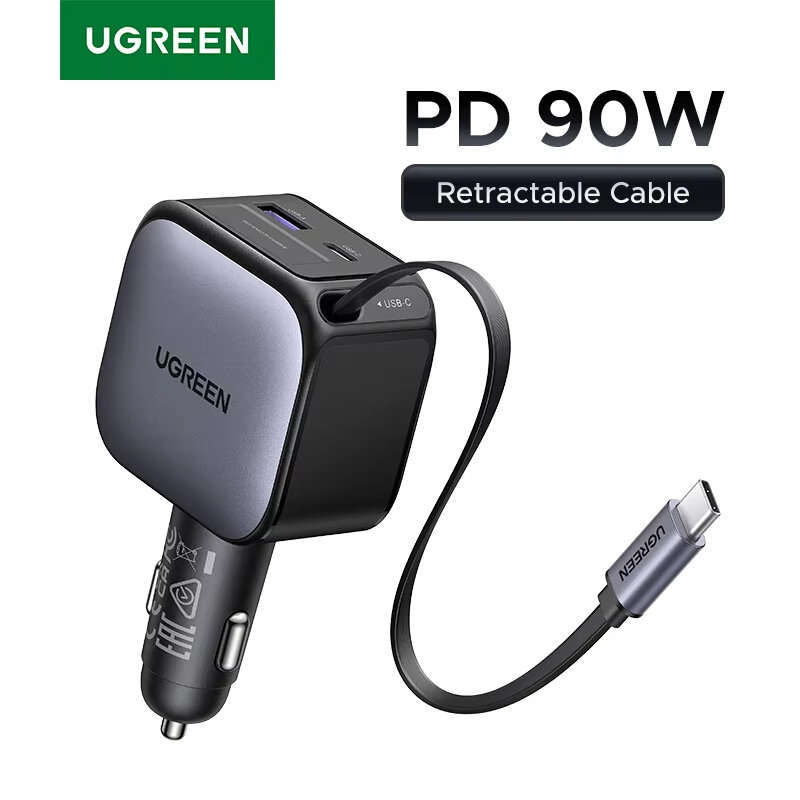 90W - Ugreen 90W 2-Port USB PD Car Charger Adapter USB-A+USB-C+Type-C Retractable Cable Support PD F