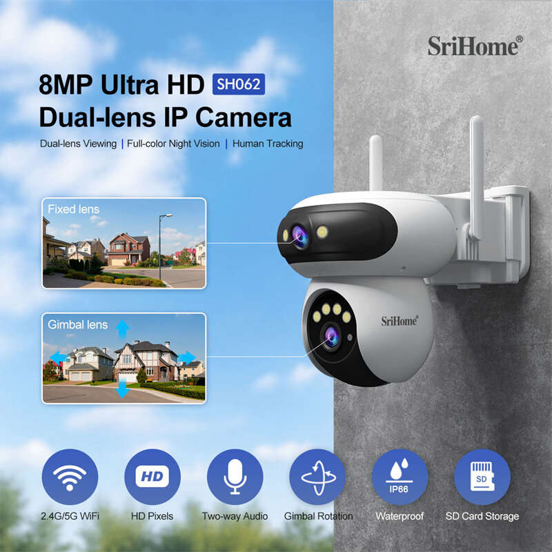 EU Plug - SriHome SH062 8MP Dual Lens Outdoor Security Camera PTZ Wireless AI Human Motion Auto Trac