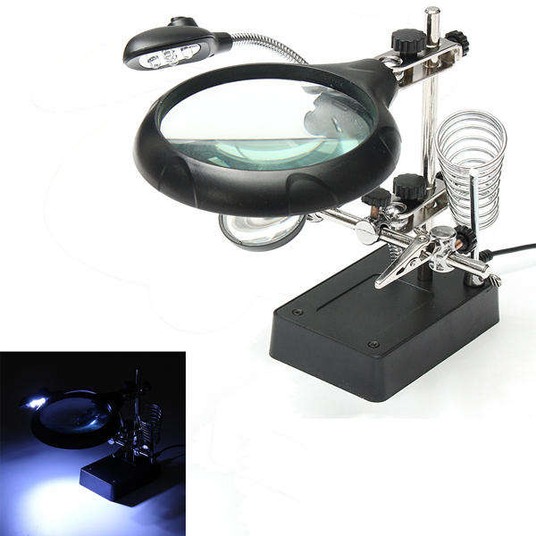 5 LED Light Magnifier Magnifying Glass Helping Hand Soldering Stand with 3 Lens - US Plug