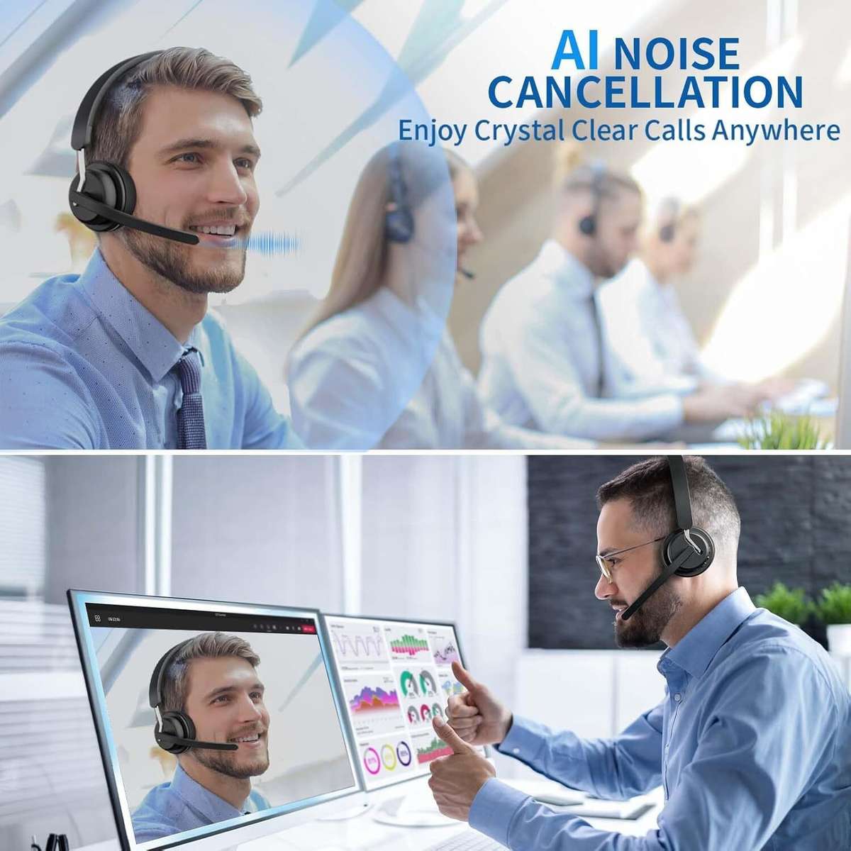 Black - Awatrue EH11 2.4G Wireless Headset bluetooth Headphone with Charging Base AI Call Noise Canc