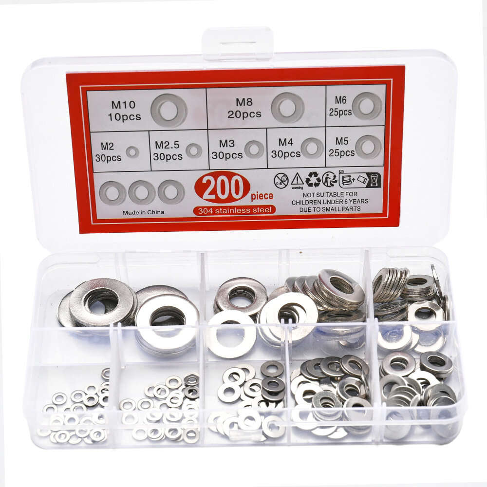910pcs - 910pcs/200pcs 9 Sizes 304 Stainless Steel Flat Washers Assortment Kit M2 M2.5 M3 M4 M5 M6 M