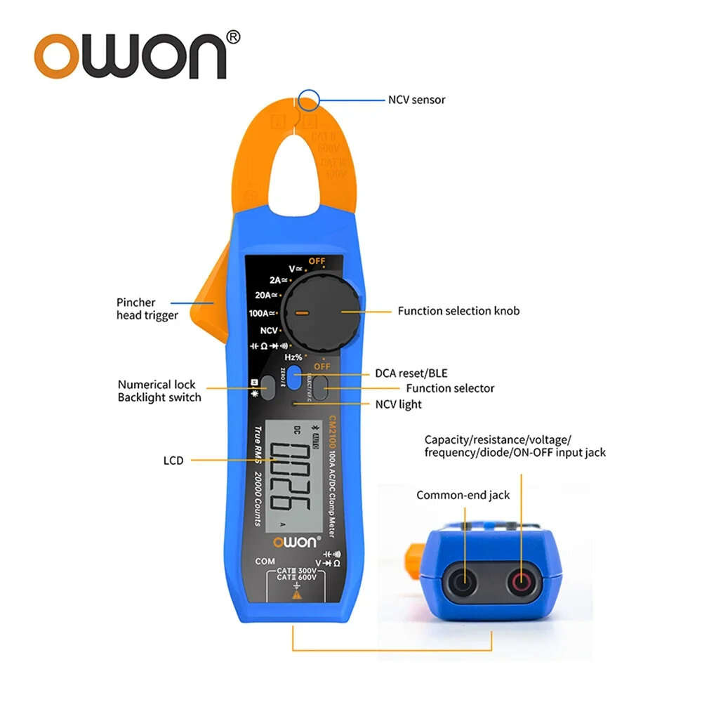 CM2100B - OWON CM2100 CM2100B Digital Clamp Meter 20000 Counts True RMS Bluetooth NCV Auto Ranging A
