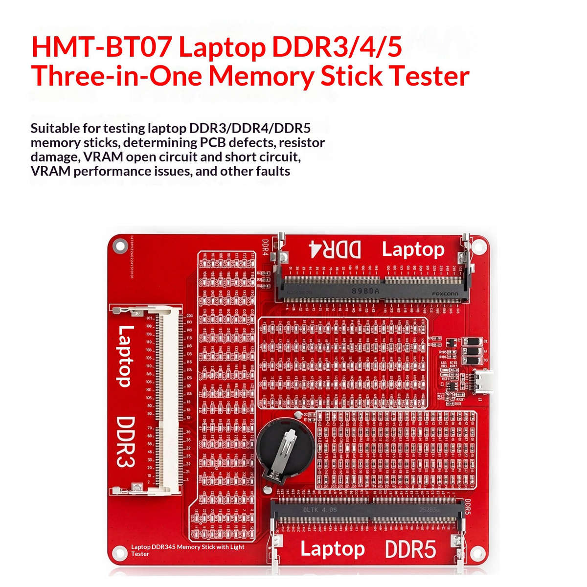 Red - HMT-BT07 Laptop Memory Tester DDR3/DDR4/DDR5 3-In-1 LED Indicator Board Micro-USB 145x125mm 75