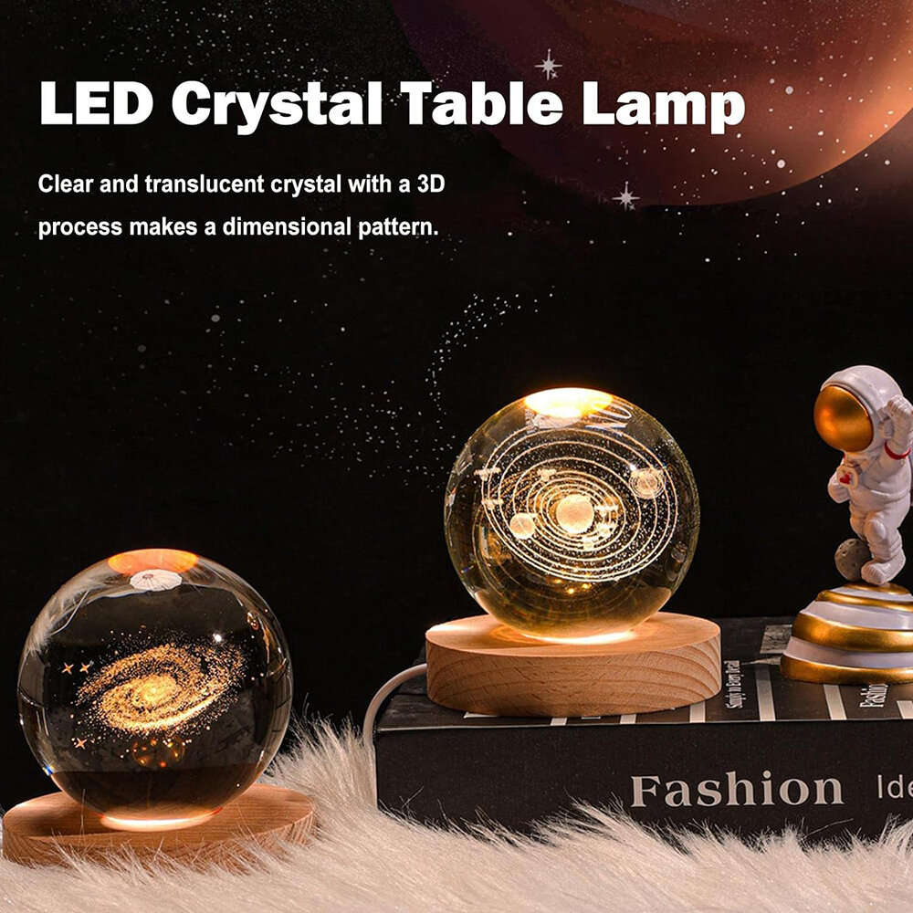 #2 - 3D Crystal Ball Night Light With Led Wooden Lamp Base Bedside Light Home Decor Christmas Gift N