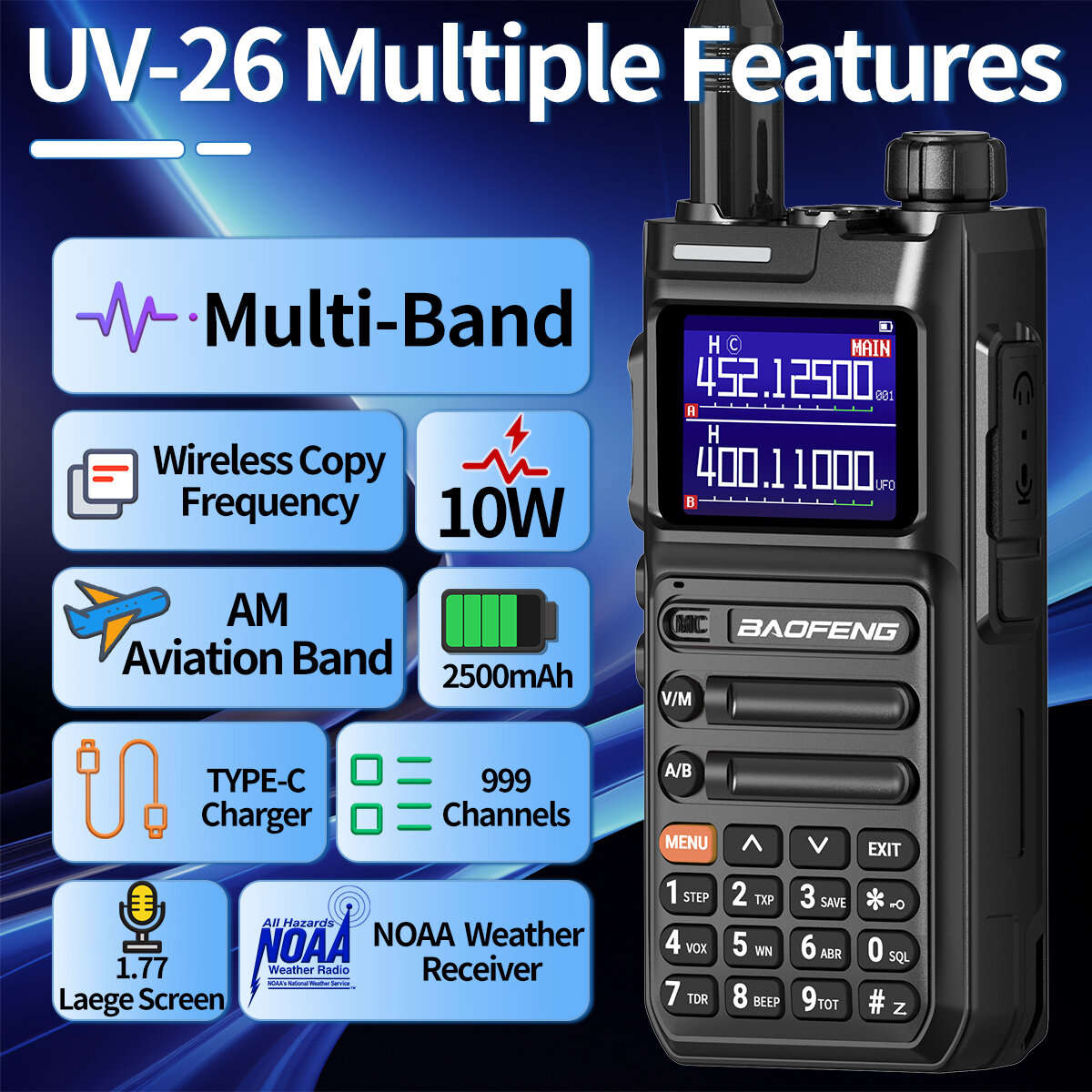 Black - Baofeng UV-26 10W High Power Walkie Talkie Handheld Two Way Radio Long Range Multi Band NOAA
