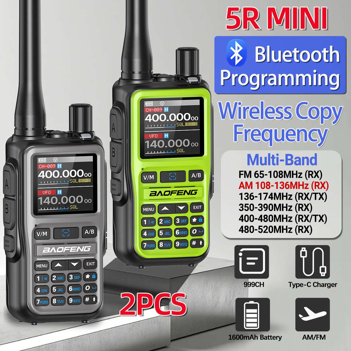 Black - 2Pcs BAOFENG UV-5R Mini 5W Walkie Talkie Bluetooth APP Programming Multi Band One Click Copy