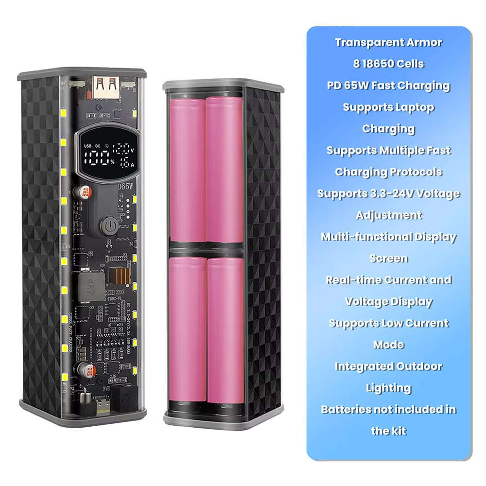 Yellow - PD 65W Super Fast Charging Transparent Power Bank Case Weldless 8-Cell 18650 Battery Box DC