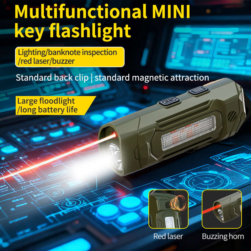 Black - BIKIGHT K220 Mini Keychain Flashlight with UV Violet Light Buzzing Horn USB-C Charging Water