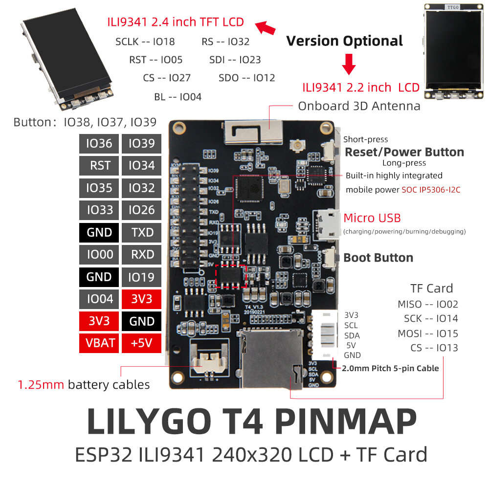 2.2 inch - LILYGO TTGO T4 V1.3 ILI9341 2.4 inch LCD Display Backlight Adjustment CH9102F ESP32 Devel