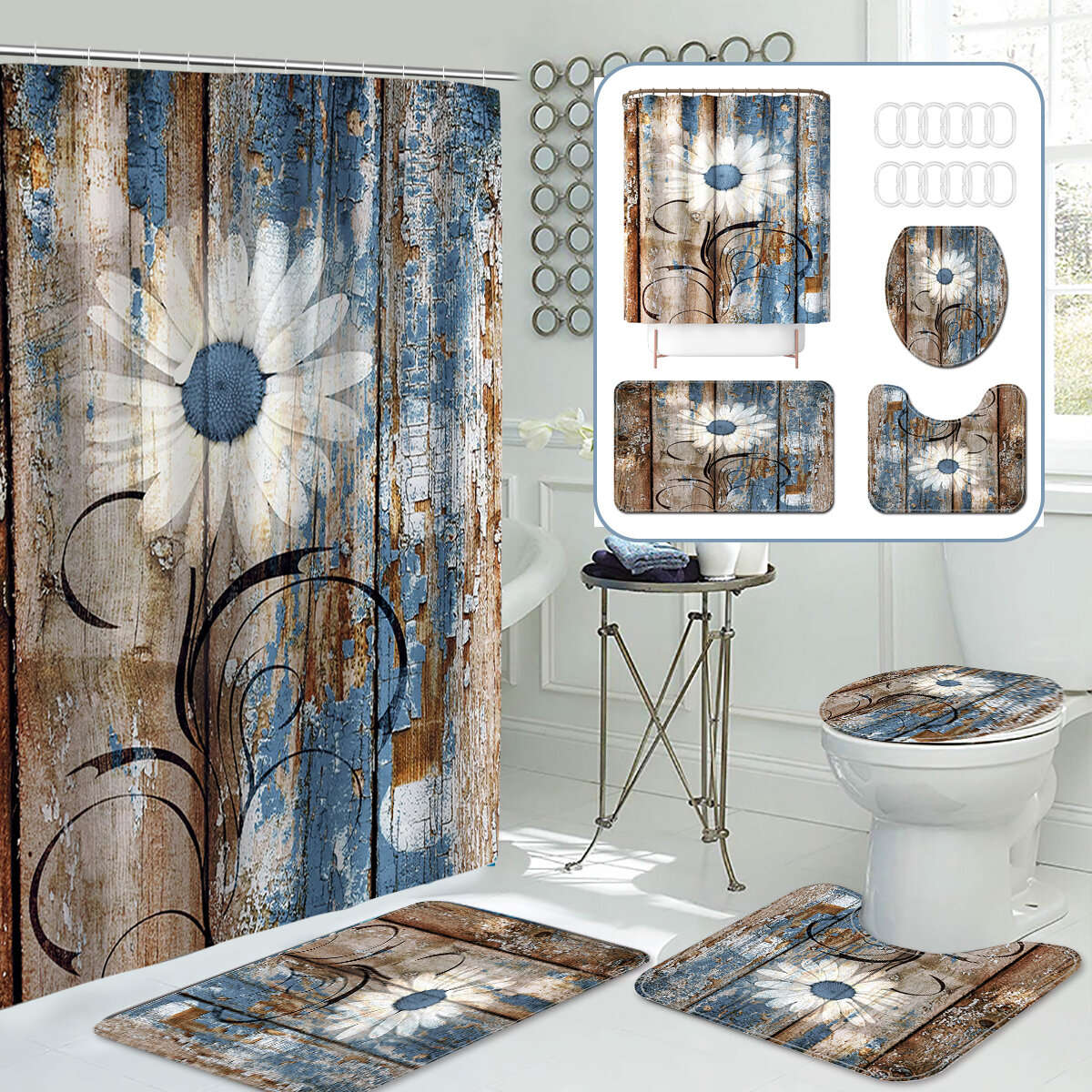 (40*60 Floor Mat)180x180CM Daisy Shower Curtain Non-toxic Anti-slip Bath Mat Set Waterproof Toilet R