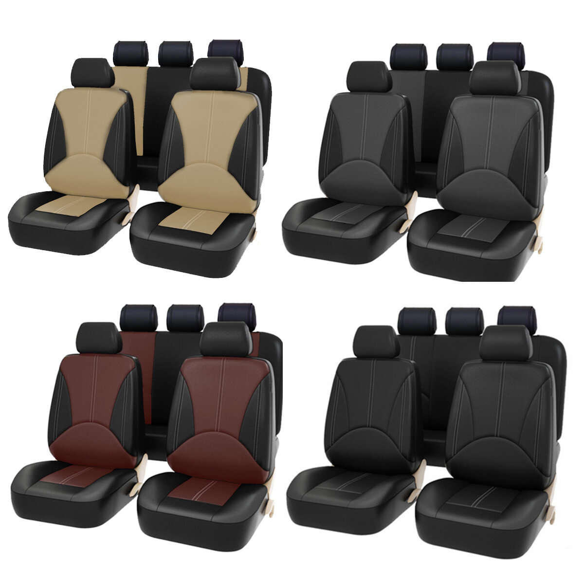 Bucket Seat Cover Set Front Rear Universal for Car Sedan Truck SUV PU Leather - Coffee
