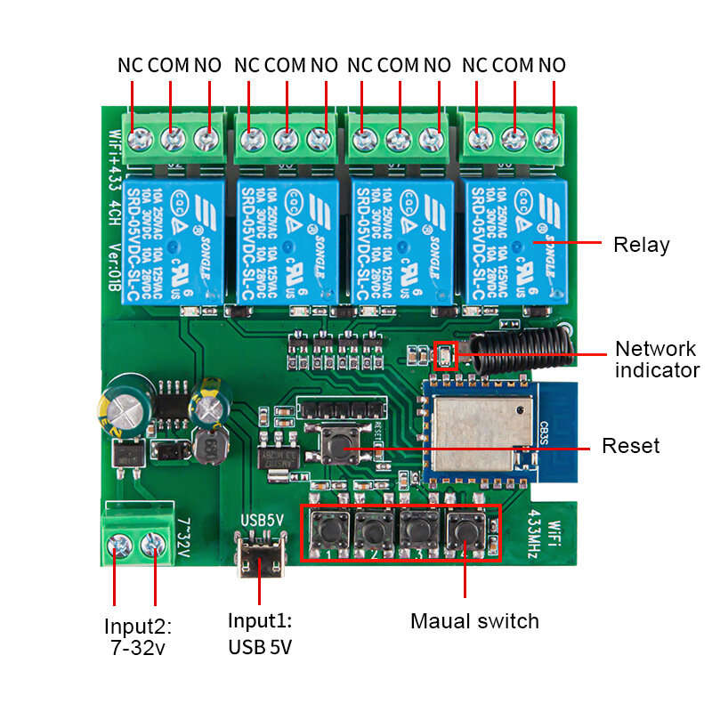 5V/7-32V - 4CH Tuya WiFi Relay Smart Wireless Switch Module 4 Channels 7-32V 85-250V 2200W RF433 Rem