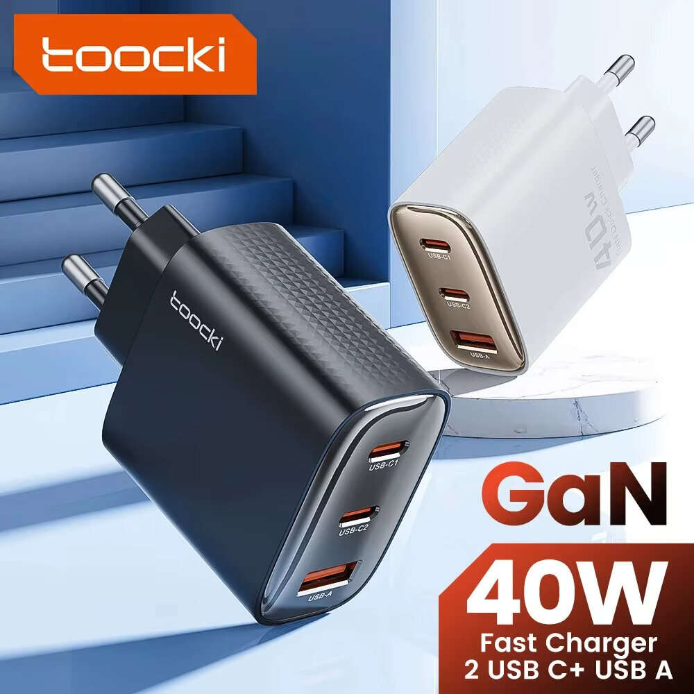 EU Plug - [GaN Tech] Toocki TCT40-22EU 40W 3-Port USB PD Charger USB-A+2USB-C PD Fast Charging Wall