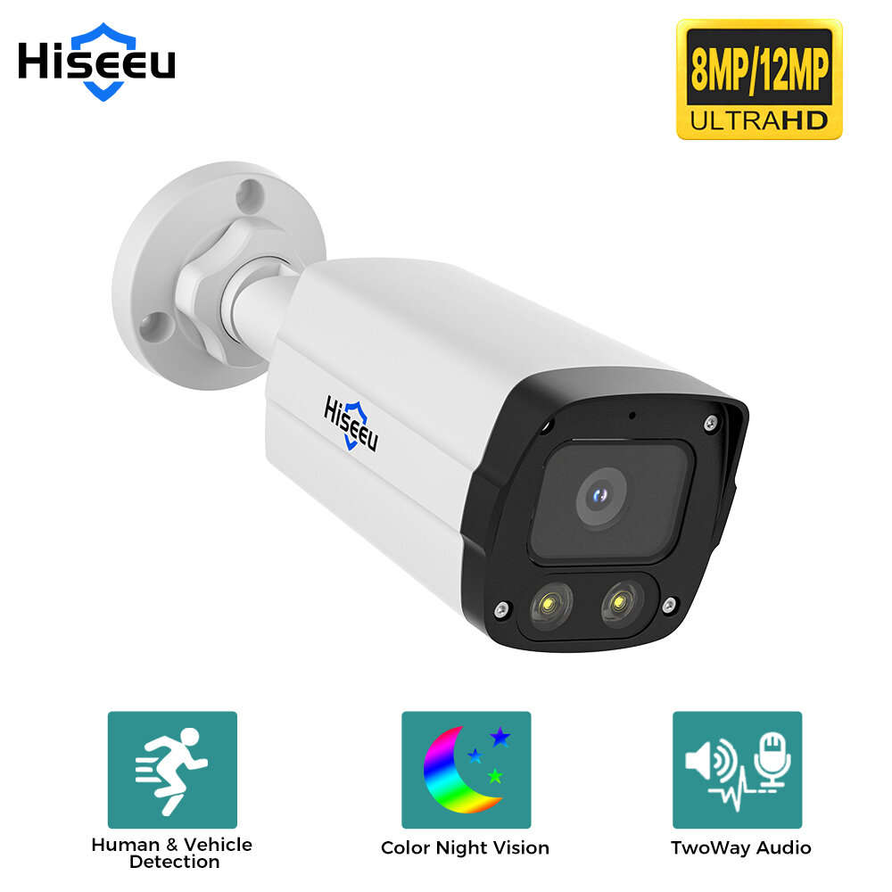 12MP - Hiseeu 8MP/12MP PoE IP Camera Human Detect Night Vision Two-way Audio Support ONVIF 2.0 IP67