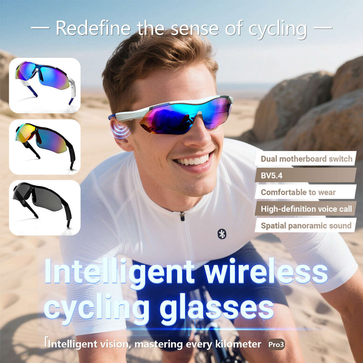 White Frame-Blue - Bakeey QY Pro3 Smart bluetooth 5.4 Cycling Glasses with AI Voice Assistant 360 Su