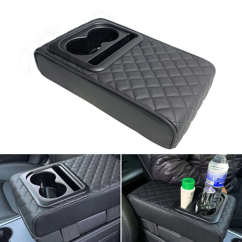 Black - Car Center Console Armrest Cushion with 2 Cup Holders PU Leather Portable Car Armrest Pillow