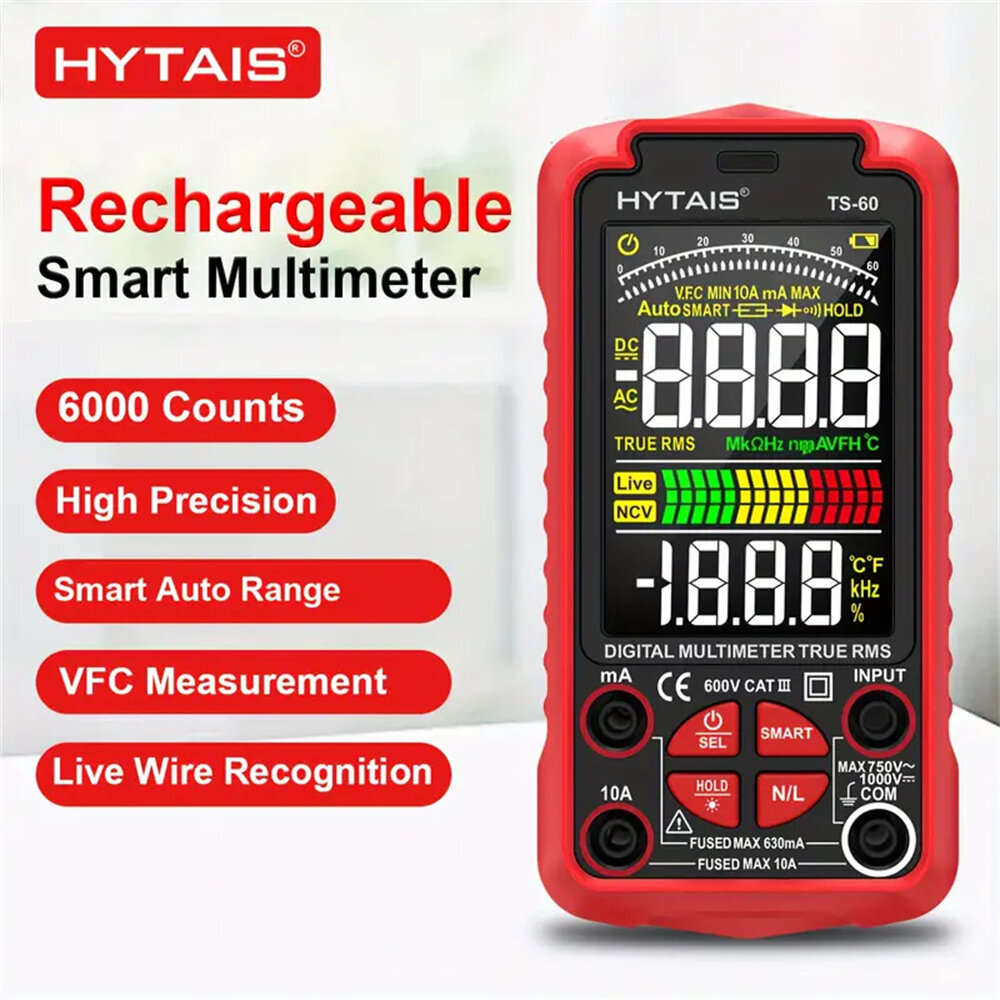 Red - HYTAIS TS-60 Digital Multimeter 6000 Counts High Precision Rechargeable Battery Live Wire Dete