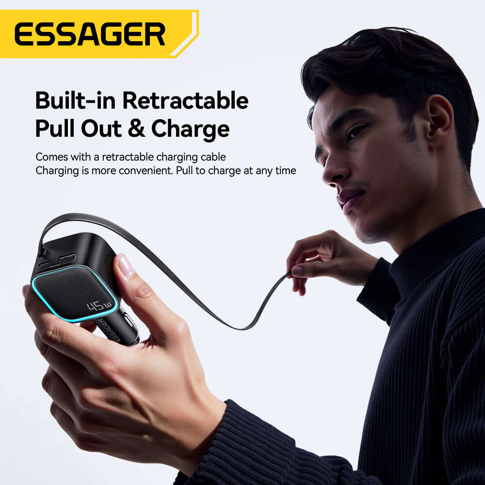 Black - ESSAGER F779 45W 2-Port USB PD Car Charger Adapter with Integrated Type-C Retractable Cable+