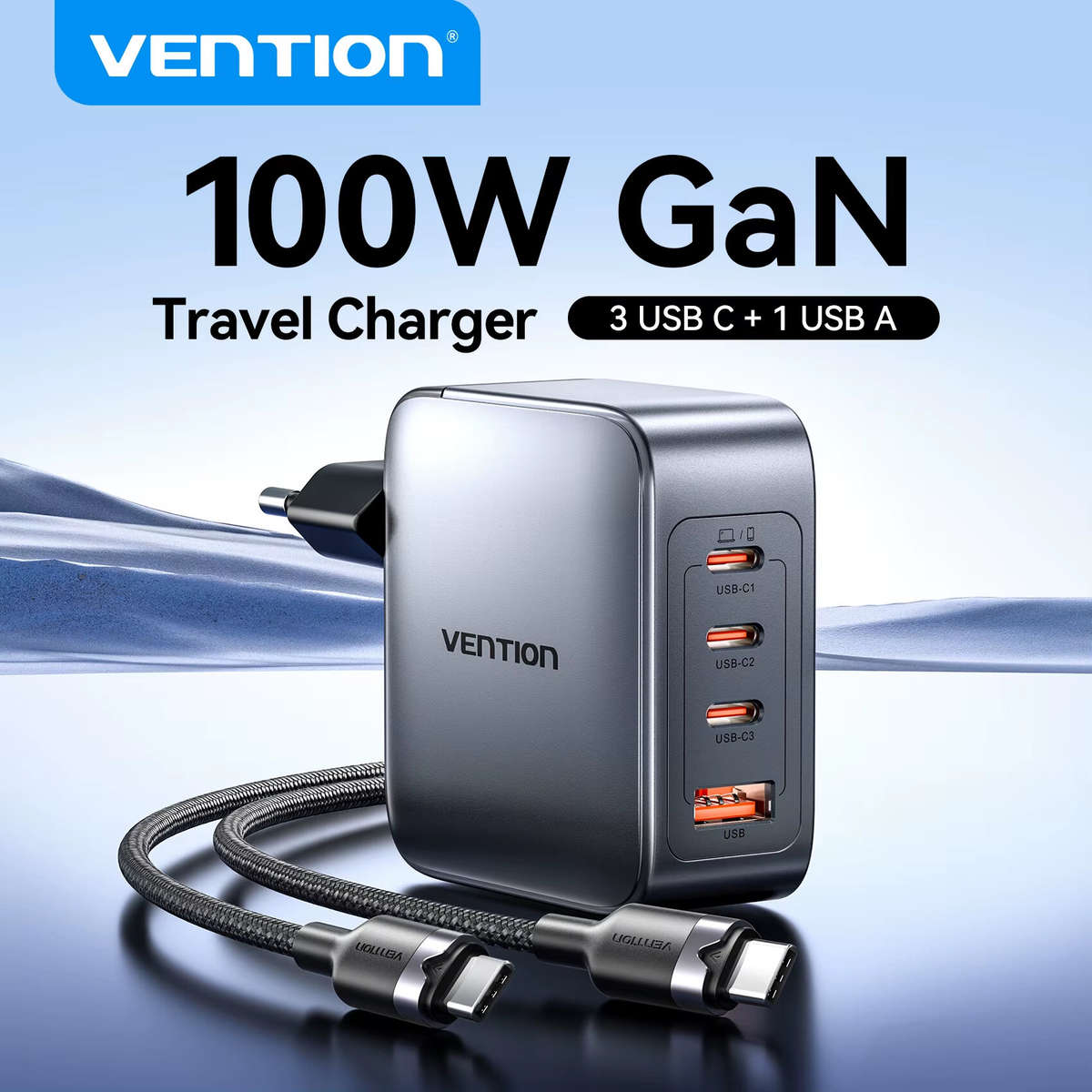 EU Plug - [GaN Tech] Vention TZ-FET-EU 100W 4-Port USB PD Charger USB-A+3USB-C Fast Charging Wall Ch