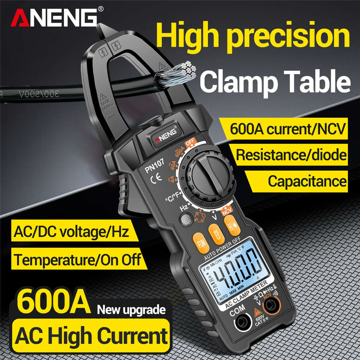 Yellow - Upgrade ANENG PN107 Multifunctional Clamp Meter with AC/DC Voltage AC Current Resistance Ca