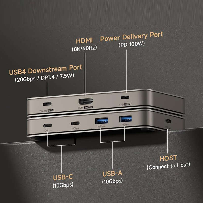 Gold - Hagibis BD246A USB4 Docking Station 7-in-1 USB Hubs Splitter Adapter with 10Gbps USB-A*2 / 10