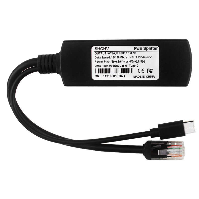 1000Mbps - 100Mbps/1000Mbps 5V 3A Type-C Power Over Ethernet Active POE Splitter for Raspberry Pi 4B