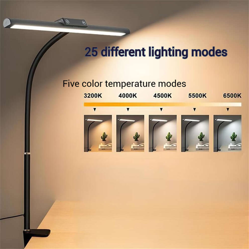 Black - Elfeland USB Plug-in LED Desk Lamp Adjustable Brightnss & Color Temperature Clip-On Flexible