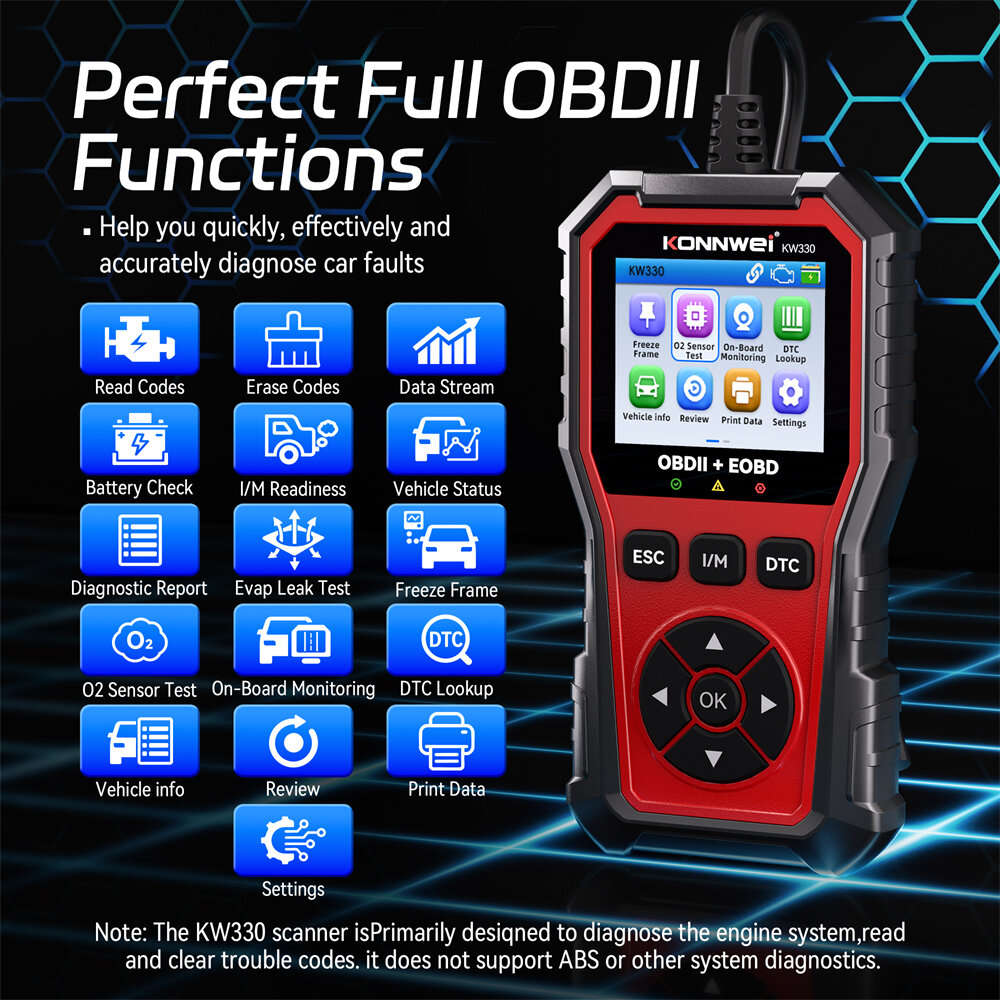 Red - KONNWEI KW330 OBDII EOBD CAN Engine Code Reader 2.8-inch TFT Screen Battery Test Multi-languag