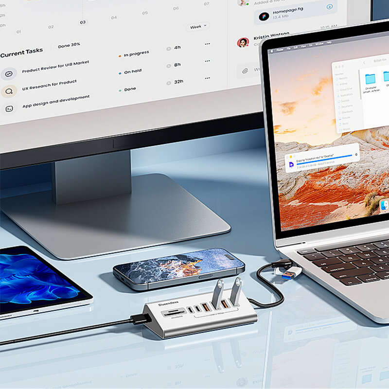 Grey - Blueendless HU806 8-in-1 USB-A Type-C Docking Station with 10Gbps USB-A 3.2*4 / USB-C 3.2*2 /