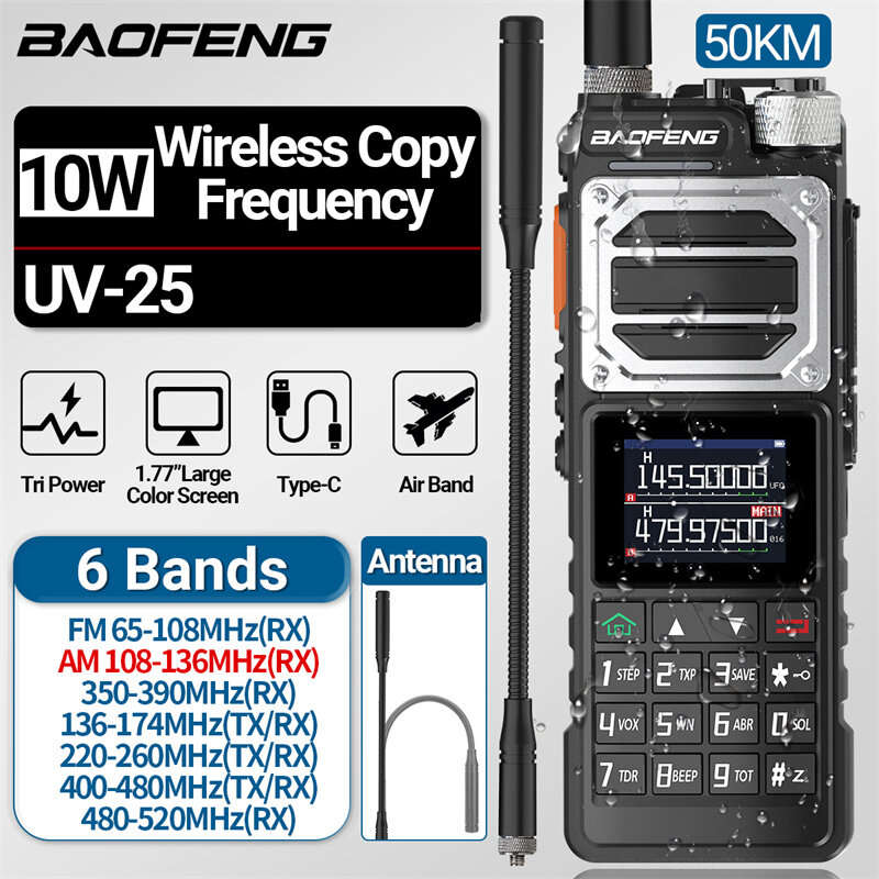 Baofeng UV-25 10W Walkie Talkie Six-Band Long Range Wireless Copy Frequency FM Radio Type-C Ham Two-