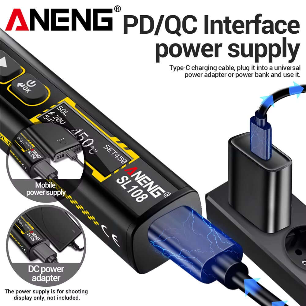 Black - ANENG SL108 Electric Soldering Iron 96W PD QC Adjustable Temperature 100C-450C OLED Display